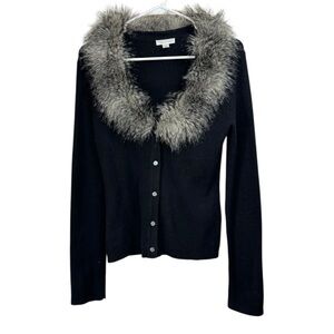 Garnet Hill Size XS Black Wool Cardigan Sweater With Faux Fur Collar Y2K